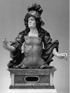 Büstenreliquiar des hl. Sebastian, Linde, H 111 cm, aus dem Umkreis des Münsteraner Bildschnitzers Johann Mauritz Gröninger. Ursprünglich in der Stephanuskirche, jetzt